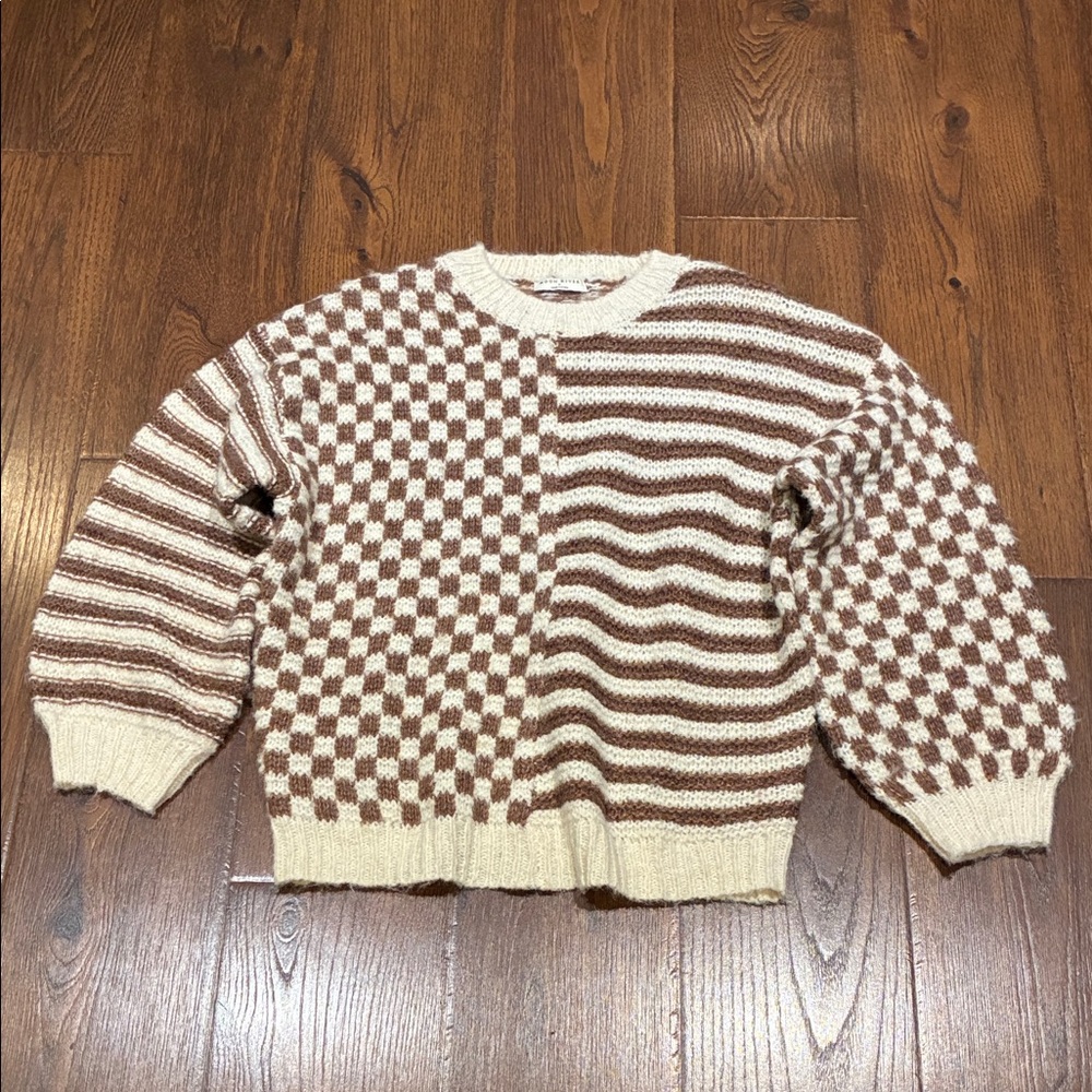 Moon River Brown and Cream Patterned Crewneck Sweater